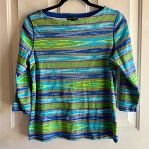 LRL Lauren Jean Co Blue and Green Striped 3/4 Sleeve Top size Large 100% cotton